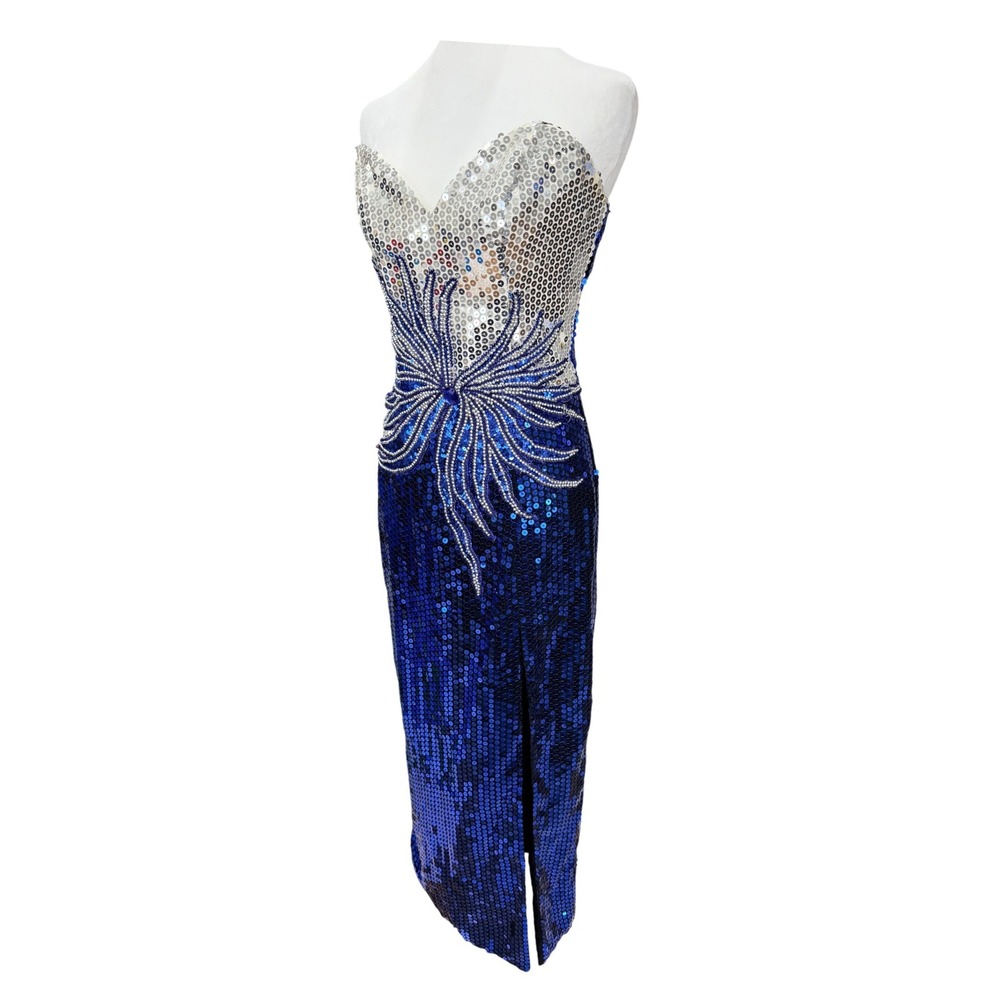 Alyce Designs 80's Sequin Gown Women Size 6 Blue Silver Vintage Beaded Starburst - Picture 3 of 16